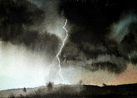 Storm Watercolor Painting, Watercolor Dark Background, Watercolor Stormy Sky, Stormy Sky Illustration, Indian Ink Art Ideas, Thunderstorm Watercolor, Dark Watercolor Paintings, Stormy Painting, Watercolor Lightning