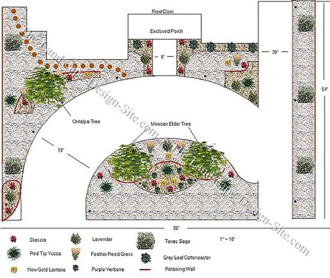 Circular Driveway On A Hillside - This plan is a Xeriscape front yard on a slope. The majority of the yard and landscape is concrete driveway with the rest of it being xeric Southwest desert plants and ground cover rock. This is a great way to landscape a yard without lawn, address the slope, and still have no erosion. Circle Driveway Landscaping, Xeriscape Front Yard, Circle Driveway, Landscaping Software, Driveway Design, Driveway Landscaping, Circular Driveway, Concrete Driveways, Landscape Designs