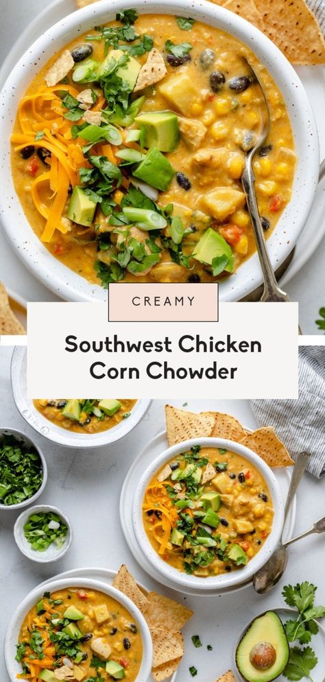 Delicious and creamy southwest chicken corn chowder made with beautiful summer veggies like sweet corn and fresh peppers. This easy chicken corn chowder recipe is filled with savory southwest flavors and spices and packs plenty of protein. Add your favorite toppings for the perfect end-of-summer dinner! #soup #chowder #cornchowder #glutenfree #healthydinner #healthylunch Easy Chicken Corn Chowder, Creamy Southwest Chicken, Chicken Corn Chowder Recipe, Soup Chowder, Chicken Chowder, Dinner Soup, Danish Recipe, Chicken Corn Chowder, Chicken Corn