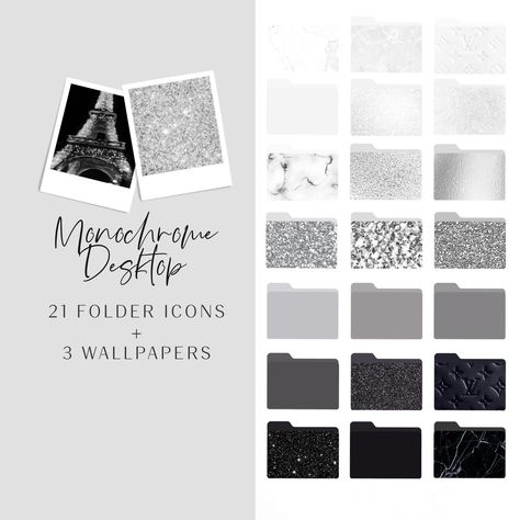 Greyscale Aesthetic, Aesthetic Organizing, Folder Icons For Mac, Desktop Folder Icons, Wallpaper Organizer, Monochrome Aesthetic, Font Guide, Desktop Icons, Desktop Wallpaper Organizer