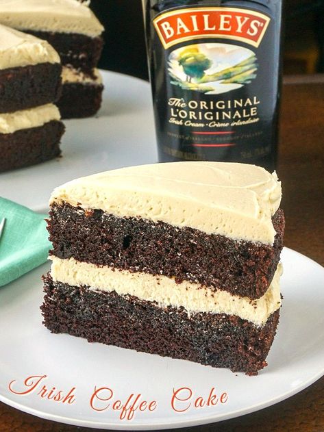 Irish Coffee Cake. Inspired by an Irish Coffee, this is a chocolate stout cake with a an easy Bailey's Irish Cream frosting. The ideal cake for St. Patrick's Day or an Irish themed birthday cake! Irish Coffee Cake Recipe, Irish Coffee Cake, Irish Cream Frosting, Irish Stew Recipe, Newfoundland Recipes, Irish Cream Coffee, Heavenly Desserts, British Recipes, Rock Recipes