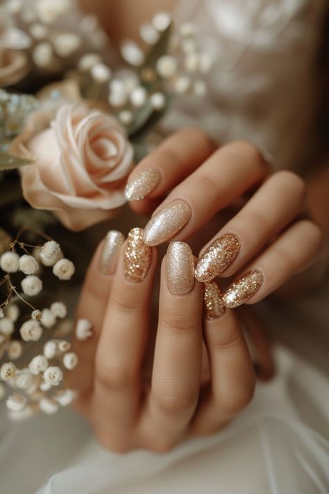 Get inspired by these 101 stunning gold wedding nails for a perfect bridal look. #GoldWeddingNails #WeddingNailDesigns #BrideInspiration Click to explore more! Bride Nail Art Ideas Wedding Day, Indian Wedding Guest Nails, Soft Pink And Gold Nails, Indian Nails Wedding, Nail Art For Indian Wedding, Xmas Nails 2024, Gold Nails For Wedding, Nail Wedding For Bride, Golden Ombre Nails