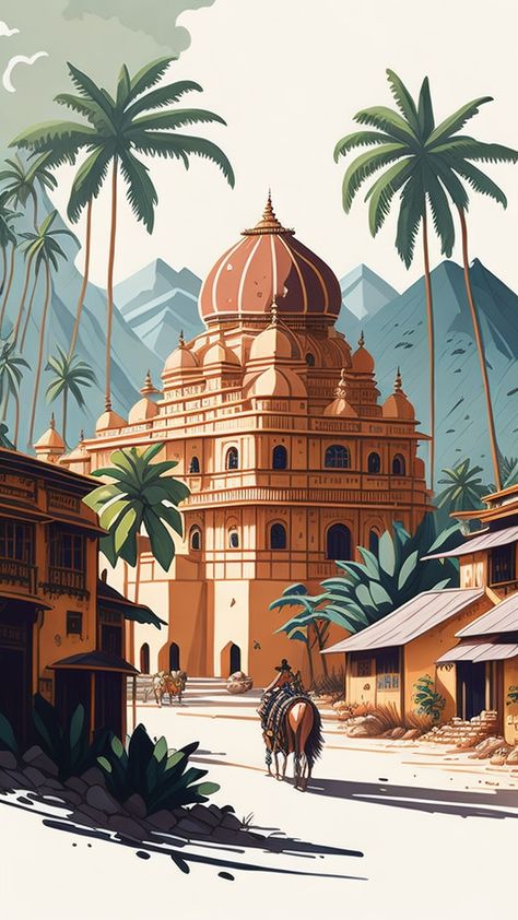 This enchanting India vector digital illustration takes you on a journey through a magical land. From the snow-capped peaks of the Himalayas to the lush green jungles of Kerala, this illustration is a visual feast for the senses. Kerala Illustration, South Indian Culture, India Landscape, Cafe Wall Art, Indian Illustration, Diy Travel Journal, Visual Style, Inspiration Painting, Magical Land