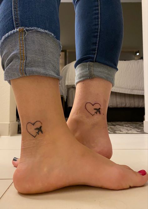 Heart and airplane tattoo. Buddy Tattoos, Pinapple Tattoos, Best Friend Travel, Collarbone Tattoos, Friend Travel, Plane Tattoo, Wife Tattoo, Matching Friend Tattoos, Tattoos For Men And Women