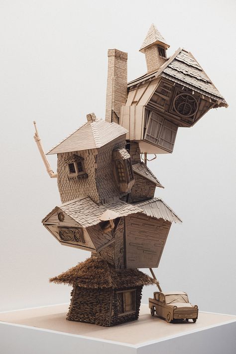 architecture students reimagine ollivanders, weasley burrow, and more harry potter scenes  www.designboom.com Weasley Burrow, The Burrow, Harry Potter Scene, Cardboard Sculpture, Cardboard House, Cardboard Art, Architecture Student, Fairy Houses, Architecture Model