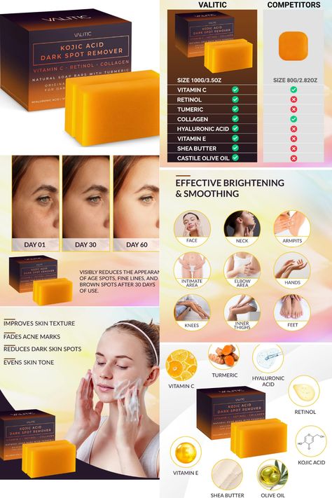 VALITIC Kojic Acid Dark Spot Remover Soap Bars with Vitamin C, Retinol, Collagen, Turmeric - Original Japanese Complex Infused with Hyaluronic Acid, Vitamin E, Shea Butter, Castile Olive Oil (2 Pack) Vitamin C Retinol, Skin Lightening Soap, Dark Spot Remover, Turmeric Soap, Spot Remover, Dark Spots On Skin, Natural Bar Soap, Remove Dark Spots, Dry Skin Care