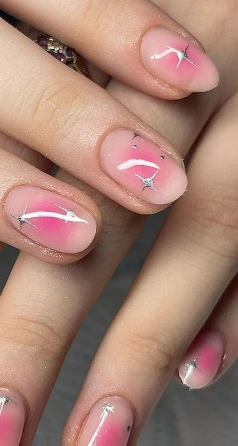 51 aura nails to have the most magical hands ever 27 Nail Art On Real Nails Short, Short Nails Art Pink, Pink Short Nails With Design, Short Almond Aura Nails, Short Aura Nails Square, Star Aura Nails, Airbrush Short Nails, Aura Nails Gel, Short Nails Aura