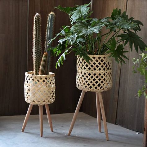 RISEON Set of 2 Handmade Mid Century Modern Planter, Rustic Indoor Rattan Basket Flower Pot Plant Stand,Large Floor Planter Natural (A) : Amazon.ca: Patio, Lawn & Garden Plant Basket Indoor, Plant Stand Large, Pot Plant Stand, Handmade Flower Pots, Mid Century Modern Planter, Rattan Planters, Modern Planter, Wooden Plant Stands, Home Decor Hooks