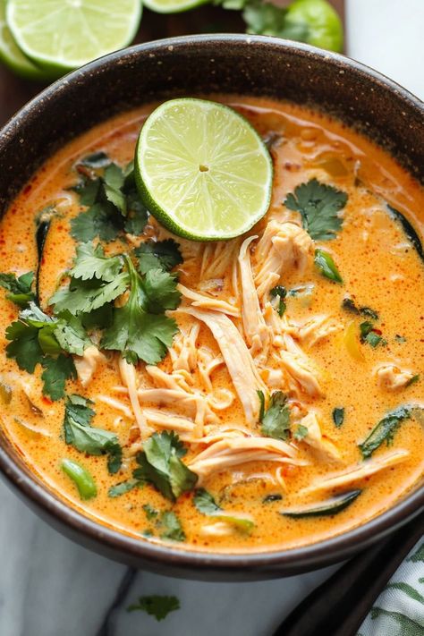 Thai Chicken Curry Soup is a vibrant, spicy, and creamy dish that blends traditional Thai flavors with tender chicken and veggies. Thai Veggie Soup, Thai Coconut Curry Chicken Soup Easy Recipes, Crockpot Thai Chicken Soup, Turkey Thai Soup, Thai Red Curry Chicken Soup, Creamy Thai Soup, Keto Curry Soup, Wicked Thai Chicken Soup, Thai Chicken Curry With Coconut Milk