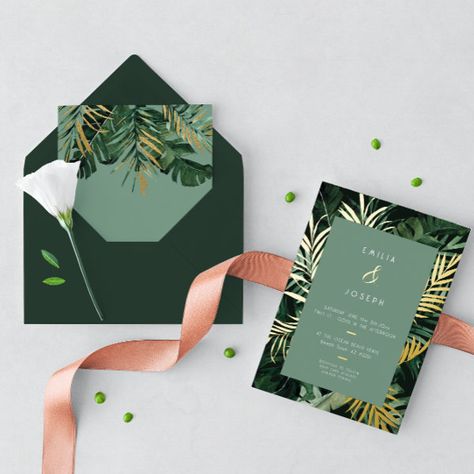 Tropical modern Palm leaves dusty green Wedding Fo Foil Invitation Tropical Glam Invitation, Dusty Green Wedding, Sophisticated Typography, Glam Invitation, Menu Table, Tropical Glam, Tropical Invitations, Exotic Wedding, Palm Green