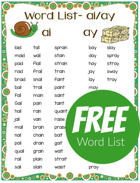 A Sound Words Worksheet, A Sound Words, Long A Sound Words, Ay Phonics, Sound Words Worksheet, Rhyming Words List, Long A Sound, Vowel Team Words, Teaching Vowels