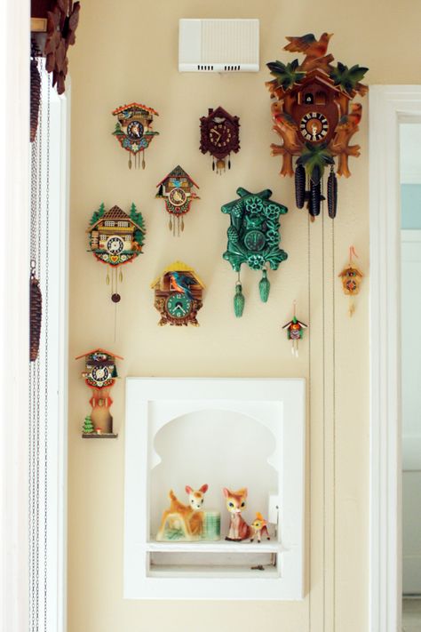 Cuckoo clock collection Clock Collection, Cuckoo Clocks, Eclectic Bathroom, A Beautiful Mess, Cottage Ideas, Grandfather Clock, Clock Decor, Beautiful Mess, Tick Tock