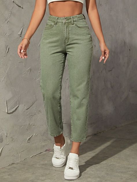 Army Green  Collar  Denim Plain Tapered/Carrot Embellished Non-Stretch  Women Clothing Green Jeans Outfit Black Women, Olive Green Jeans Outfit Women, Jeans Verdes, Olive Green Jeans Outfit, Jean Verde, Jean Vert, Green Mom Jeans, Green Jeans Outfit, Olive Green Jeans