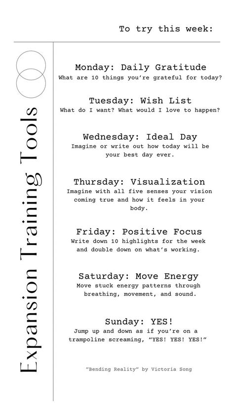 Different tool to reach expansion each day Monday through Sunday. Monday Journal, Victoria Song, Double Down, Daily Gratitude, Weekly Menu, Training Tools, The Impossible, Wall Street Journal, Best Day Ever