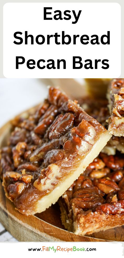 Easy Shortbread Pecan Bars recipe. A shortbread crust topped with pecan nuts, honey, cream and brown sugar for a healthy snack bar. Shortbread Crust Pecan Bars, Pecan Nut Recipes, Pecan Squares Recipe Easy, Pecan Pie Bars Shortbread Crust, Pecan Bar Recipe, Easy Pecan Bars Simple, Lazy Pecan Bars, Shortbread Pecan Bars, Recipes With Shortbread Crust