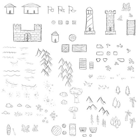 This ruche pack of 108 map making pack includes such map ... Fantasy Map Drawing Ideas, Map Elements, Mountains Flowers, Map Sketch, Draw Reference, Fantasy Map Making, Village Map, Map Making, Photoshop Brushes Free