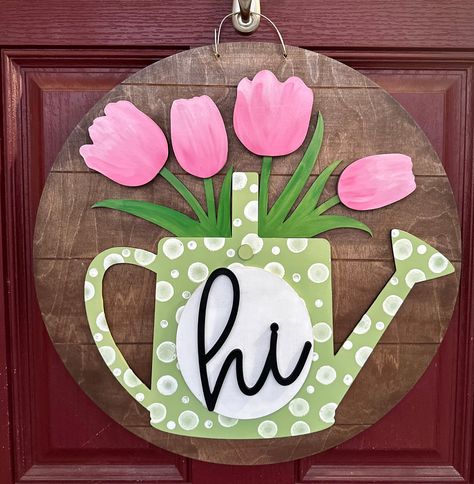 Door Wood Signs, Painted Wreaths, Diy Door Signs, Wooden Tulips, Spring Door Hanger, Door Hanger Svg, Round Door Hanger, Wooden Signs Diy, Door Signs Diy