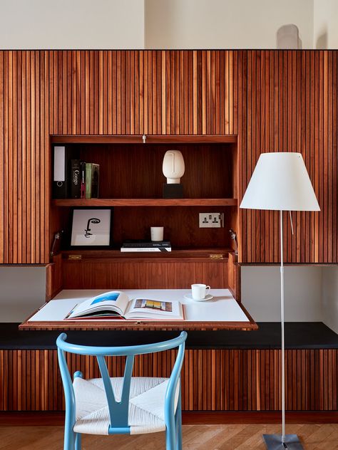 Hidden Desk Cabinet, Fluted Wood Wall, Family Townhouse, Desk Flip, Townhouse Renovation, Outdoor Architecture, Wfh Office, Hidden Desk, Drop Down Desk