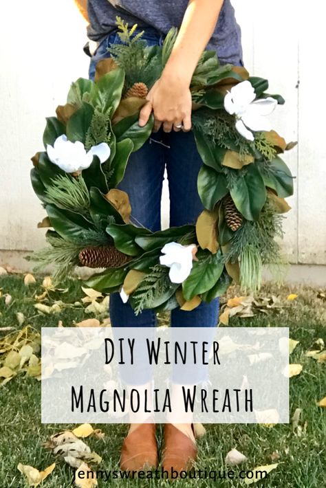 How to make a magnolia wreath for winter, fall, or all year! In this video I teach you how to make a basic two toned magnolia wreath, and how to change it up for fall and winter! Get more use out of your home decor by reusing it for each season! #diychristmas #wreathmaking #wreathtutorial How To Make Magnolia Wreath, Christmas Wreath With Magnolia Leaves, Magnolia Winter Wreath, Diy Magnolia Wreath Real Leaves, How To Make A Magnolia Leaf Wreath, Magnolia Leaves Christmas Decor, Fall Magnolia Wreath, Christmas Magnolia Wreath, Magnolia Wreath Decor