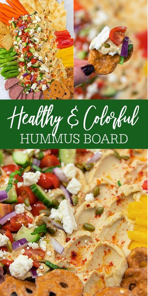 Healthy & Colorful Hummus Board Appetizer Idea! Charcuterie Board With Hummus, Dessert Hummus Board, Fancy Hummus Platter, Charcuterie Board Humus, Hummus Dip Platter, Hummus Veggie Platter, Charcuterie Board Hummus, Veggie And Hummus Platter, Hummus Plate Ideas