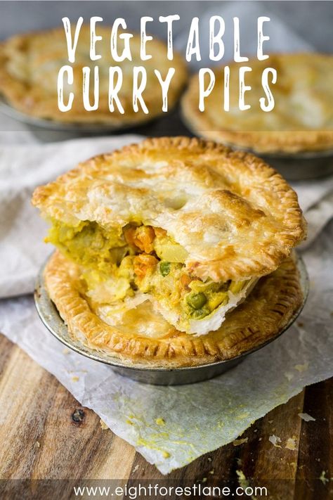 Simple vegetable curry pies with a creamy coconut curry filling wrapped in a crispy, flakey pastry. These individual pies are easy to make and are full of hearty vegetables and a little kick from the curry making them a delicious lunch or dinner. Quiche, Curry Pies, Creamy Coconut Curry, Vegetarian Pie, Veggie Pies, Vegetable Pie, Individual Pies, Delicious Lunch, Tasty Vegetarian Recipes