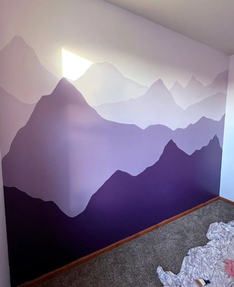 Mountain Gradient Mural 2022 | MURALS Mountain Sunset Wall Mural, Ombre Mountain Mural, Kids Room Wall Paint, Mural Mountains, Mountains Mural, Farm Classroom, Violet Room, Girls Room Paint, Mountain Wall Mural