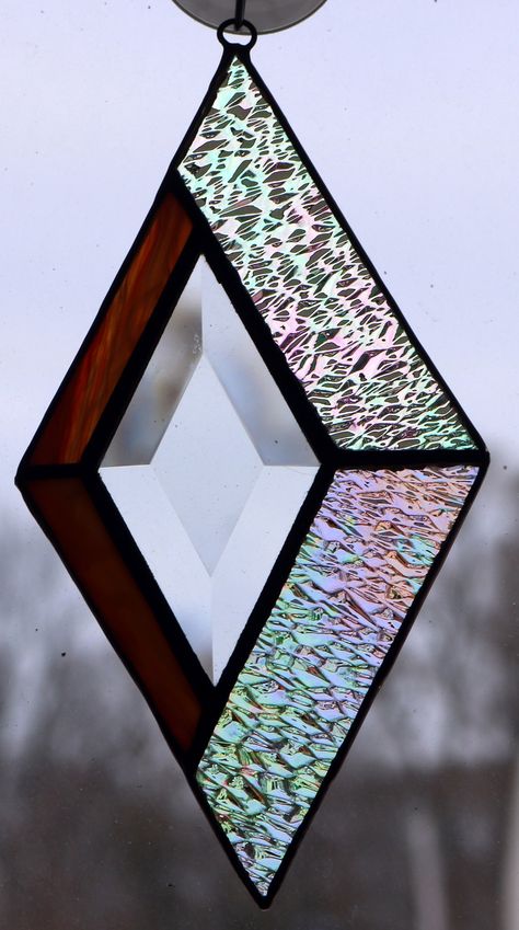 Stained Glass Diamond Decoration With Iridized Textured Glass - Etsy Canada Bevel Stained Glass Patterns, Art Deco Stained Glass Patterns Simple, Stained Glass Bevel Projects, Stained Glass Diamond, Fused Glass Panel Ideas, Stained Glass With Bevels, Stained Glass Gifts Ideas, Simple Stained Glass Designs, Beginner Stained Glass Patterns Free