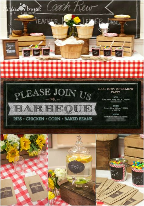 BBQ Retirement Party by PartiesforPennies.com | Picnic, Cookout, Red Gingham, Sunflowers Backyard Barbecue Party Decorations, Retirement Cookout Ideas, Texas Bbq Decor, Cookout Decorating Ideas, American Bbq Party Decor, Bbq Table Setting Buffet Cute Ideas, Bbq Tablescape Ideas, Red Gingham Party Decor, Texas Bbq Party Decorations