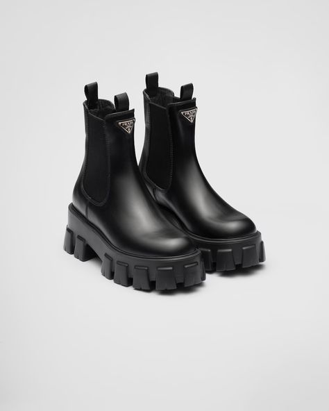 Black Monolith Brushed Leather Booties | PRADA Prada Chunky Boots, Prada Boots Outfit, Prada Shoes Outfit, Duality Concept, Prada Monolith Boots, Botas Outfit, Prada Monolith, Prada Boots, Estilo Tomboy