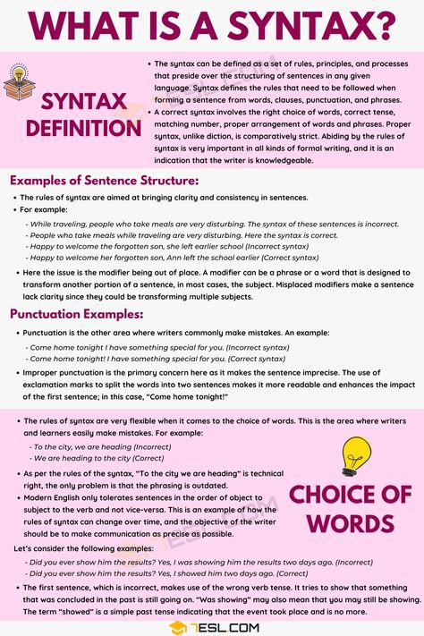 Syntax: Definition and Examples of Syntax in the English Language - 7 E S L Syntax Linguistics, Linguistics Study, Essay Writing Skills, Deeper Meaning, Grammar Rules, Learn English Grammar, Language And Literature, Essay Writer, English Writing Skills