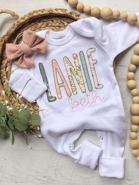 Personalized baby girl romper and bow set, custom coming home outfit for girl, baby shower gift, blush and sage, cottagecore baby outfit Masculine Patterns, Baby Going Home Outfit, Sage Blush, Newborn Coming Home Outfit, Olivia Grace, Hospital Outfit, Girls Coming Home Outfit, Sibling Shirts