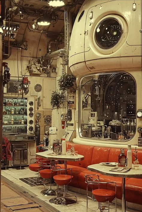 Atomic Era Aesthetic, 1950s Retro Futurism, Casette Futurism Aesthetic, Retro Scifi Aesthetic, 80s Futurism Aesthetic, Future Retroism, Decopunk Aesthetic, Space Age House, Retrofuture Interior