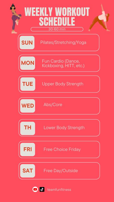 Balanced Workout Schedule, Exercise Schedule Weekly, Easy Workout Schedule, Pilates Schedule Workout Plans, Workout Week Plan, Workout Days Schedule, Pilates Workout Schedule, Workout Weekly Schedule, Weekly Exercise Schedule