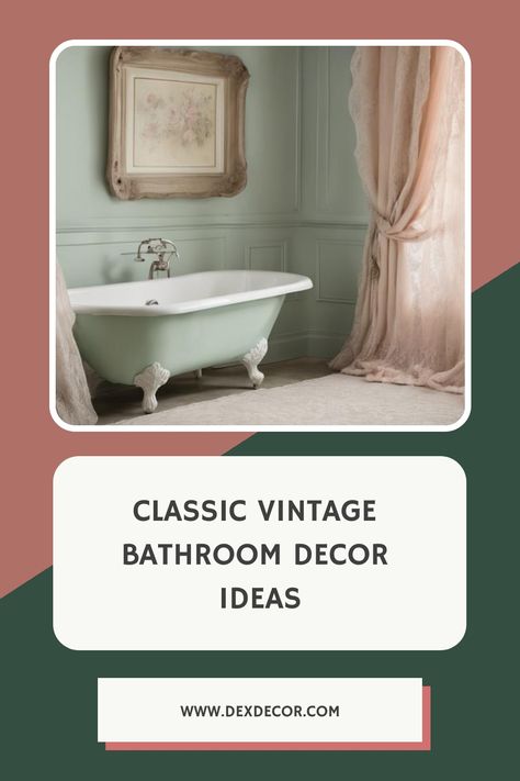 Classic bathroom with vintage green clawfoot tub, elegant pale pink curtains, and pastel wall art. Historic Farmhouse Bathroom, Vintage Bathroom Signs, Vintage Bathroom Decor Ideas, Antique Bathroom Ideas, Antique Fixtures, French Country Decorating Bathroom, Vintage Bathroom Ideas, Kitchen Tile Inspiration, Vintage Bathroom Remodel