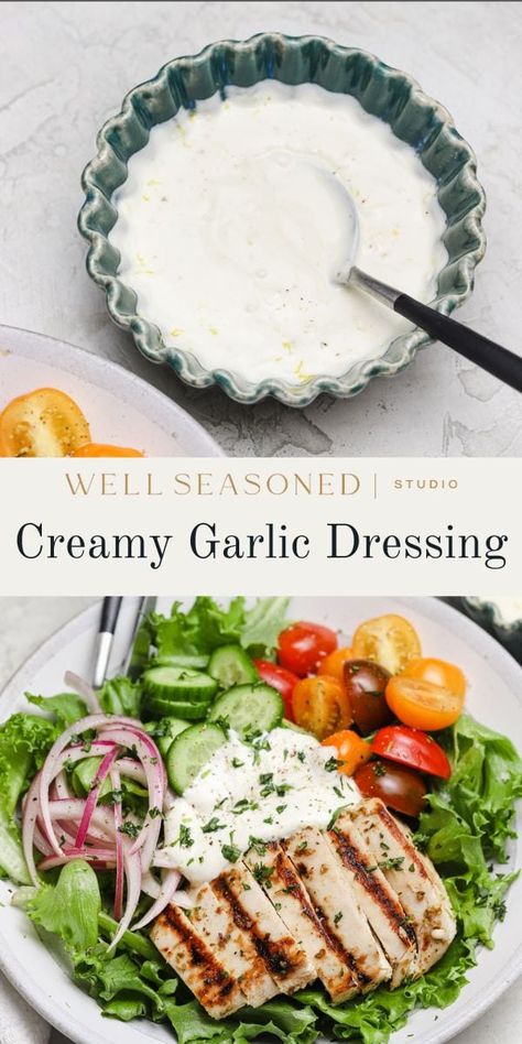 There's no denying that homemade salad dressings always taste better than store-bought, and this Creamy Garlic Dressing is no exception! It's made with whole milk Greek yogurt, chopped fresh garlic, and lemon juice, which help to balance its garlicky flavor. Versatile enough for any salad recipe, but makes a fun dip for veggies as well! GF, Vegetarian #wellseasonedstudio #creamygarlicdressing #saladdressing #creamysaladdressing #greekyogurtdressing Greek Yogurt Dressing Recipes, Dressing With Greek Yogurt, Greek Yogurt Salad Dressing, Dip For Veggies, Creamy Garlic Dressing, Garlic Salad Dressing, Homemade Salad Dressings, Greek Yogurt Dressing, Yoghurt Dressing