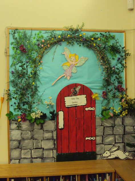 fairy garden bulletin board library display (thinking I may be able to make something similar) Secret Garden Bulletin Board, Fantasy Bulletin Board Ideas, Fairy Tale Library Display, Fairy Bulletin Board, Fairy Tale Bulletin Board Ideas, Enchanted Forest Bulletin Board, Fairytale Bulletin Board Ideas, Fairy Classroom, Bulletin Board Library