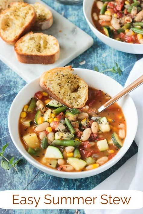 Summer Stew from Vegan Yack Attack On The Go - an easy vegetable and white bean soup recipe that uses the best of summer garden offerings. Perfect for a healthy lunch or pair it with a loaf of crusty bread for a hearty dinner. It all comes together in less than 30 minutes! #vegan #dairyfree #glutenfree #vegetarian #soup #stew #summer #beans #nutfree #quickandeasy Summer Stew, White Bean Soup Recipes, Bean Soup Recipe, Summer Soup, Easy Vegetable, Bean Soup Recipes, Vegan Soup Recipes, Vegetable Soup Recipes, White Bean Soup