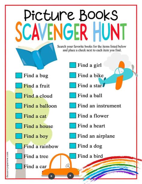 Book Week Activity Ideas, Book Activities For Elementary, Library Activities For Preschoolers, Literacy Scavenger Hunt, Book Club Activities For Kids, Library Activity Ideas, Book Week Activities For Kids, Magazine Scavenger Hunt, Library Book Care Activities