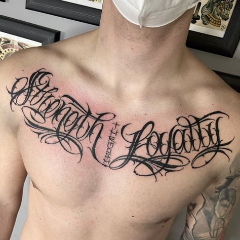 Writing Tattoos For Men Chest, Text Chest Tattoo Men, Loyalty Tattoo Chest, Stomach Tattoos Men Writing, Chest Tattoo Men Lettering, Chest Writing Tattoos Men, Chest Letter Tattoo, Chest Text Tattoo Men, Chest Text Tattoo