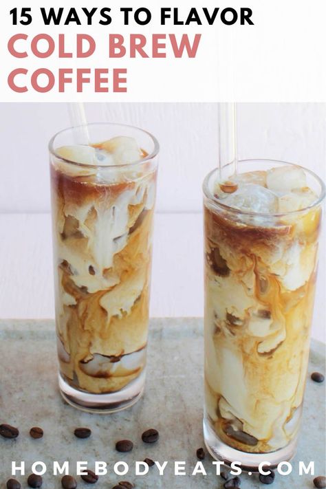 swirled caramel coffee in glass Cold Brew Coffee Recipe Starbucks, Flavored Cold Brew, Fun Coffee Drinks, Diy Cold Brew Coffee, Cold Coffee Drinks Recipes, Flavored Coffee Recipes, Homemade Cold Brew Coffee, Best Cold Brew Coffee, Make Cold Brew