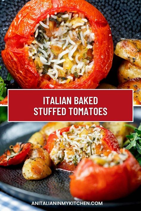 Stuffed Tomatoes With Rice, Stuffed Tomato, Fall Eats, Clean Eating Vegetarian, Tomato Recipe, Stuffed Tomatoes, Flavorful Vegetables, Baked Tomatoes, Arborio Rice