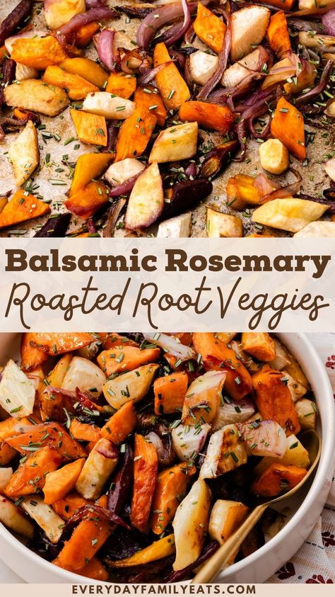 Make Ahead Roasted Root Vegetables, Root Vegetable Recipes Roasted, Root Veggie Bake, Roasted Root Veggies Thanksgiving, Thanksgiving Roasted Vegetables Recipes, Roasted Root Vegetables Balsamic, Recipes With Root Vegetables, Roasted Winter Veggies, Roasted Vegetables With Balsamic Vinegar