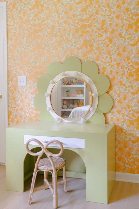 Whimsical Children's Vanity DIY - A Beautiful Mess Vanity Ideas Diy, Childrens Vanity, Toddler Vanity, Vanity Ideas Bedroom, Room Murals, Vanity Diy, Girls Vanity, Vanity Ideas, Montessori Classroom