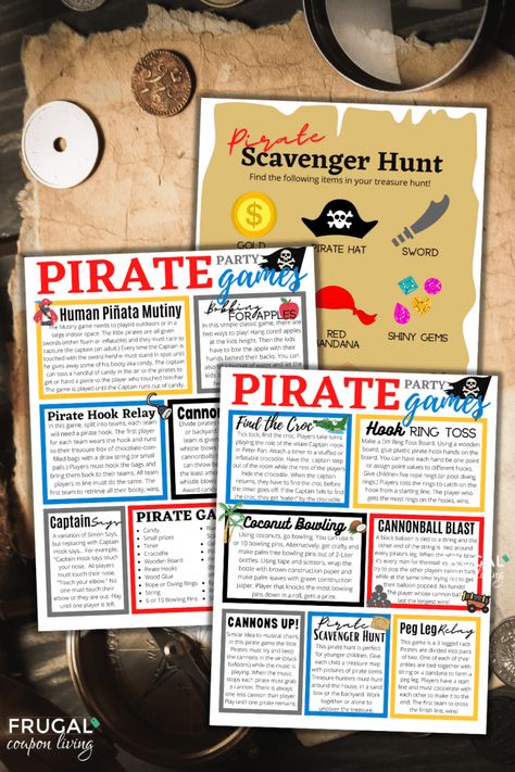 Arrggh... Are you planning a pirate birthday party? Check out the coolest pirate party games and activities that are entertain the rowdiest of pirate crews. From a treasure scavenger hunt to a peg leg relay, these include some of the best games for kids that fit any pirate themed birthday party. Fun times ahead! Adult Pirate Party Ideas, Pirate Party Favors, Coconut Bowling, Pirate Party Ideas, Pirate Party Food, Pirate Food, Pirate Party Games, Fun Holiday Games, Toddler Party Games