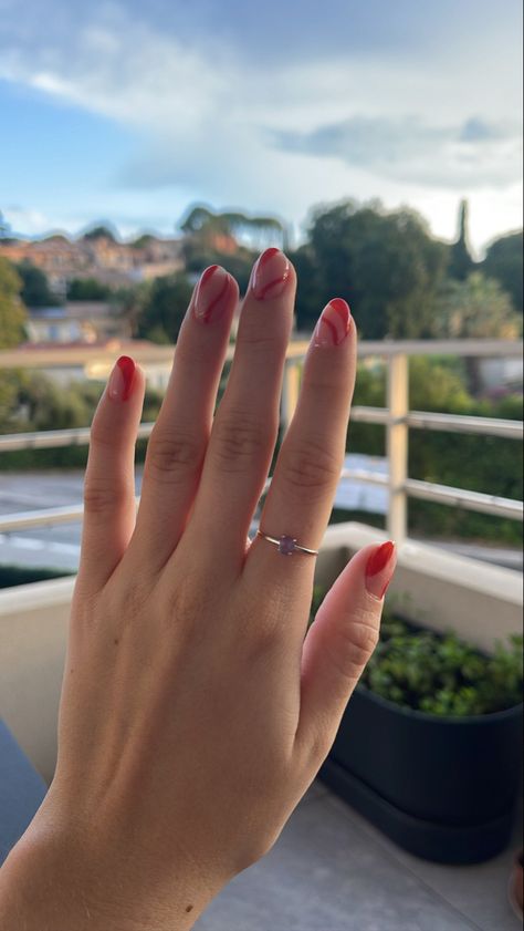 Hand with red abstract line nail art, a bold and artistic nail design Red Line Nail Art, Abstract Red Nails, Red Lines Nails, Red Line Nails, Red Abstract Nails, Abstract Line Nail Art, Line Nail Art, Abstract Nails, Rings Ceremony