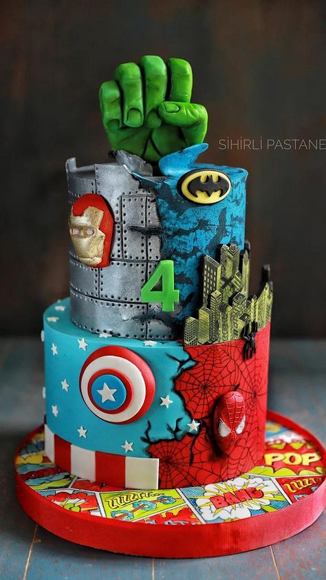 Spiderman Birthday Cake Ideas, Avengers Cake Design, Avengers Themed Cakes, Marvel Birthday Cake, Hulk Birthday Cakes, Marvel Avengers Cake, Spiderman Birthday Cake, Marvel Birthday Party, Cakes Decorated