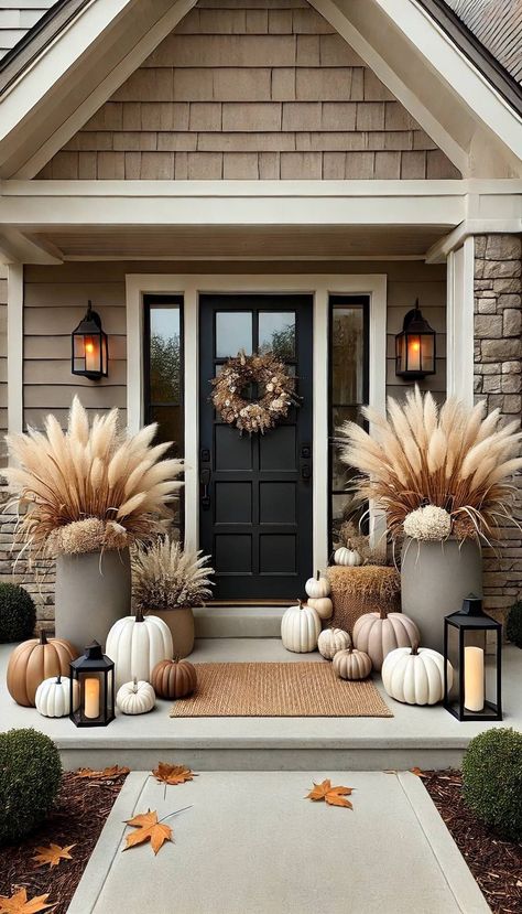 Festive Fall Front Porch Decor Ideas You’ll Love Above Cabinet Fall Decor, Porch Fall Decorating Ideas, Fall Pots, Fall Front Porch Decor Ideas, Front Porch Decor Ideas, Fall Decor Dollar Tree, Cozy Minimalist, Neutral Fall Decor, Fall Planters