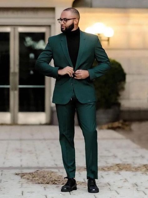 Green Suit With Turtleneck Men, Dark Green Prom Outfit Men, Men’s Dark Green Suit, Green Blazer Outfit For Men, Men Green Suit Outfit, Green Semi Formal Outfit Men, Green Coat Outfit Men, Black And Green Suit Men, Emerald Green Men Outfit