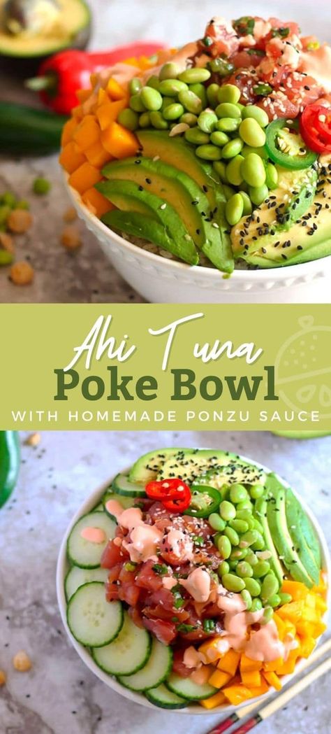 This Ahi Tuna Poke Bowl recipe is so easy to make at home! Light, fresh, healthy and delicious! Loaded with fresh Ahi Tuna with citrus ponzu sauce, rice, cucumbers, avocado, edamame and mango. Drizzled with creamy sriracha sauce and topped with crunchy nuts. This Ahi Poke bowl is amazing! #poke #tuna #recipe #keto #easy #ahi #lemonblossoms Tuna Mango Poke Bowl, Asian Tuna Bowl, Ahi Tuna Poke Bowl With Ponzu Sauce, Sashimi Poke Bowl, Healthy Tuna Poke Bowl, Fresh Tuna Poke Bowl, Best Tuna Poke Bowl Recipe, Tuna Tartare Avocado Mango, Ahi Bowl Recipe