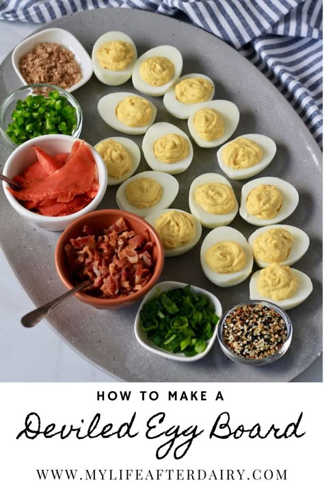 Make this easy to make deviled egg board for a delicious and fun brunch appetizer. Creamy deviled eggs can easily be topped with everything bagel seasoning, jalapeño, bacon, smoked salmon, green onion, or smoked salt. This fun deviled egg board is a great way to give variety without having to make many different deviled eggs. #deviledegg #foodboard #brunch Creamy Deviled Eggs, Devilled Eggs Recipe Best, Smoked Salt, Everything Bagel Seasoning, Bagel Seasoning, Charcuterie Inspiration, Deviled Eggs Recipe, Charcuterie Recipes, Deviled Egg